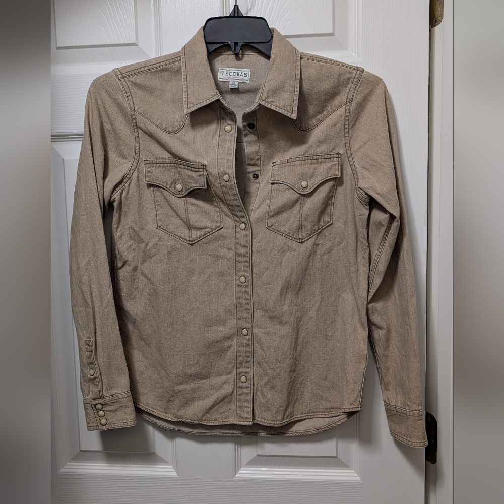 Tecovas Denim Pearl Snap Denim Shirt Coriander Tan Brown Size XS Western